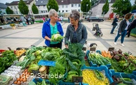 Gemüsekauf auf dem Wochenmarkt durch 2 Damen